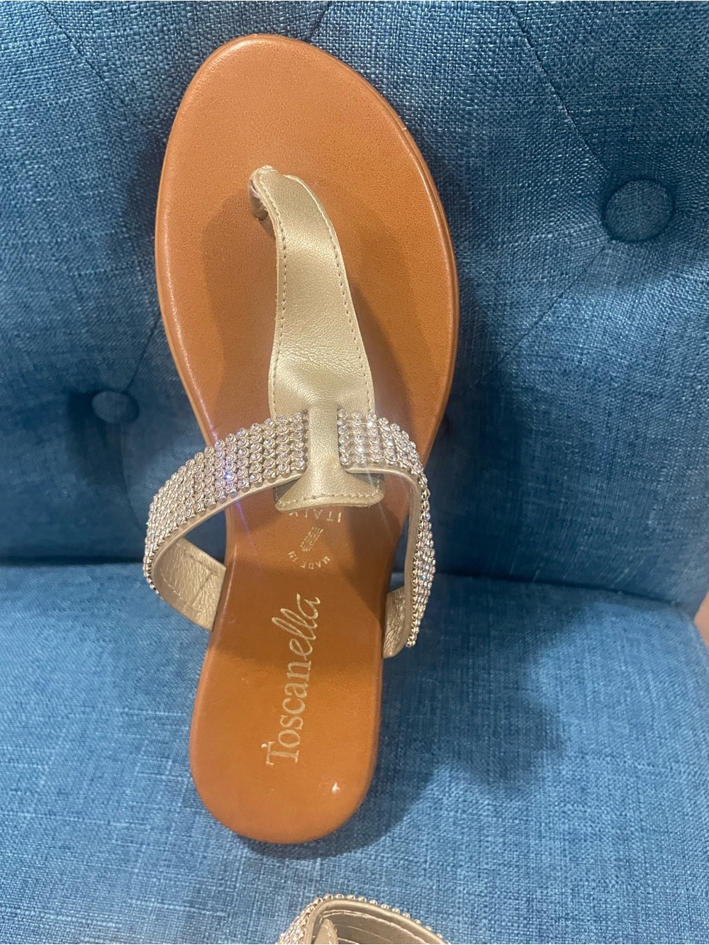 Toscanella Womens Gold Rhinestone T-Strap Sandal